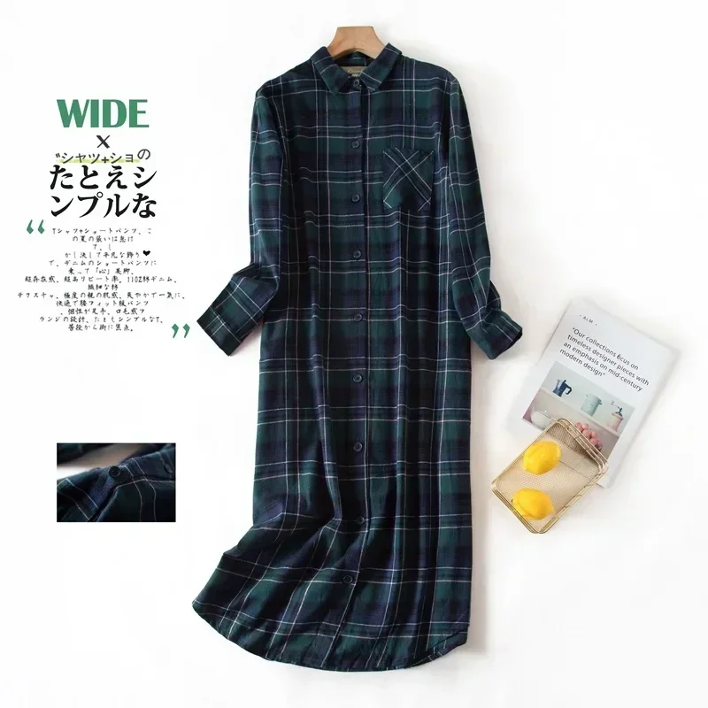 Женская ночная рубашка в клетку с длинным рукавом |