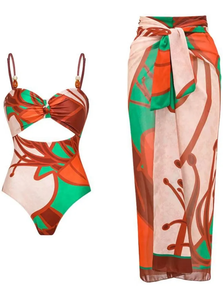 Ретро бикини с цветочным принтом модный цельный купальник и накидка юбка