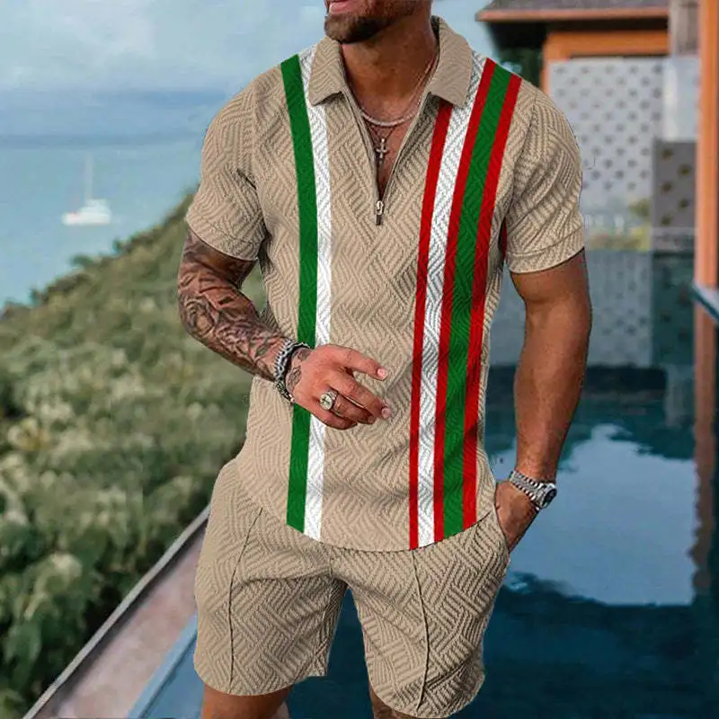 Mens Polo Shirts Set Summer New Tracksuits Zipper Polo T shirts Shorts 2 Piece Sets Casual 3d Print Man Outfits Streetwear Polos