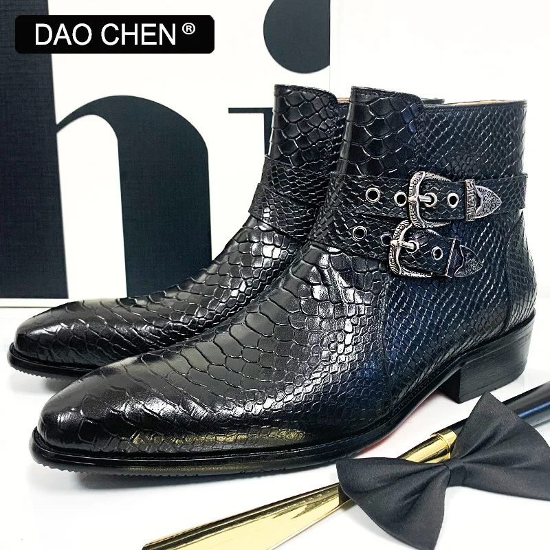 DAOCHEN BLACK WINTER ANKLE BOOTS MEN SHOES LUXURY BRAND DESIGNER SNAKE PRINT STRAP WITH BUCKLE GENUINE LEATHER MEN'S | Обувь