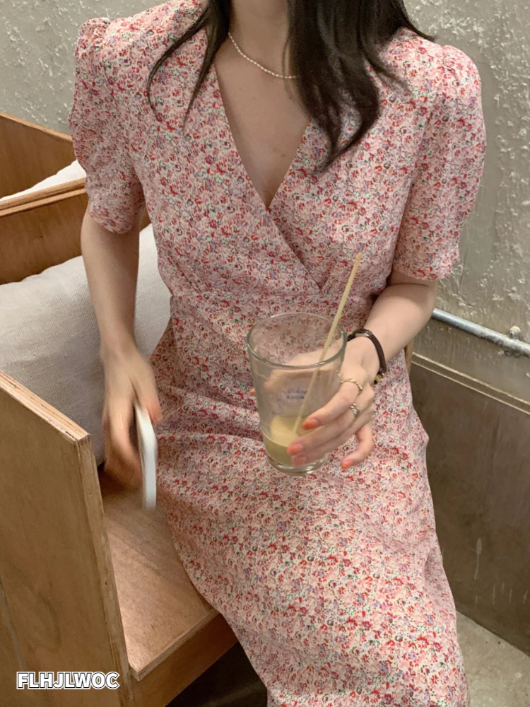 

2022 Chic Korea Fenimine Vestidos Women Summer Fashion Green Pink Lace-Up Bow Tie Elegant Floral Print Long Vintage Dress