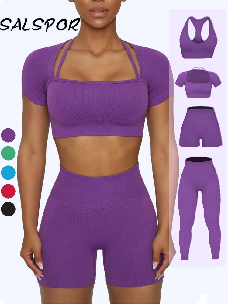 

4 Piece Set Women Workout Clothing Gym Yoga Set Fitness Sportswear Crop Top Sports Bra Seamless Leggings Active Wear Outfit Suit