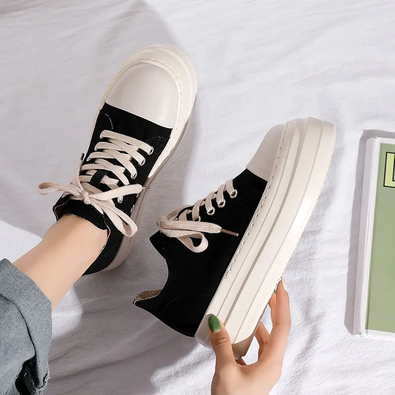 Platform Canvas Shoes Woman 2022 Spring Casual Women Vulcanized Shoes Flats  Lace Up Casual Ladies Sneakers Shoes Student Black | АлиЭкспресс