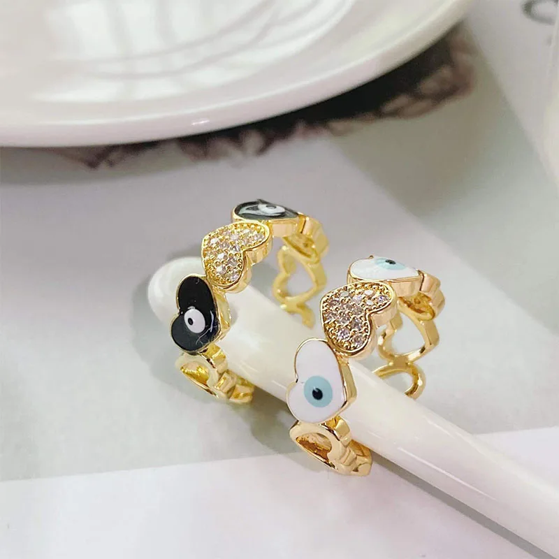 

New Fashion Epoxy Devil's Eye Geometric Heart Hollow Metal Crystal Zircon Opening Adjustable Ring For Women Lucky Jewelry Gifts