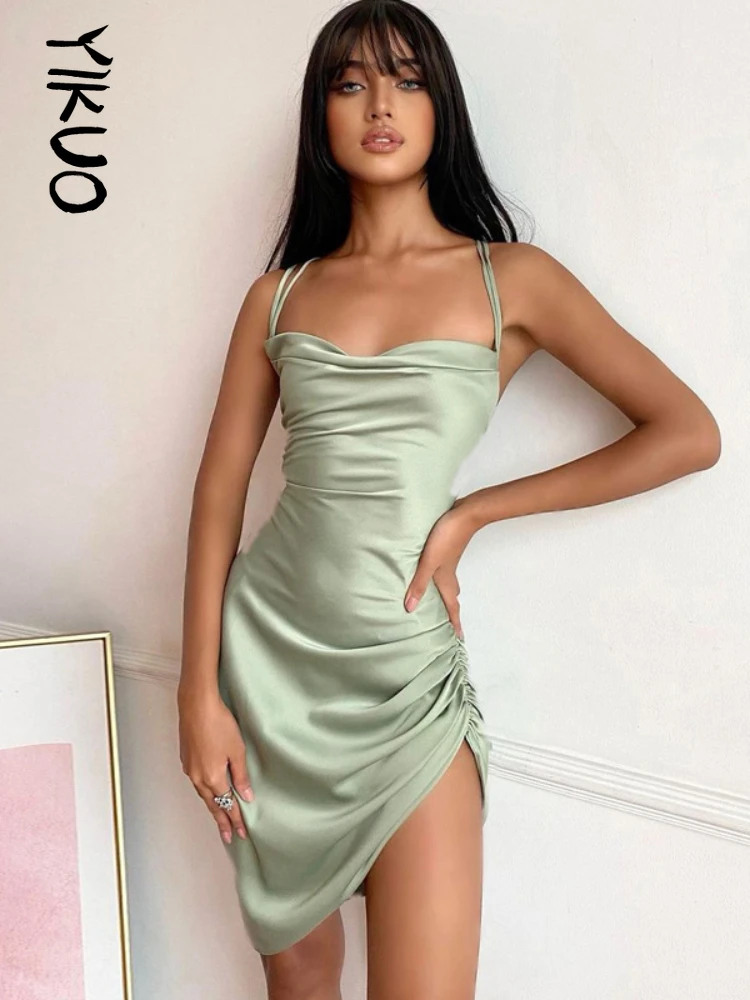 

YIKUO Women Dress Sexy Backless Stretch Spaghetti Strap Summer Satin Deep Solid Party Dress Casual Elegant Bandage Club Dresses