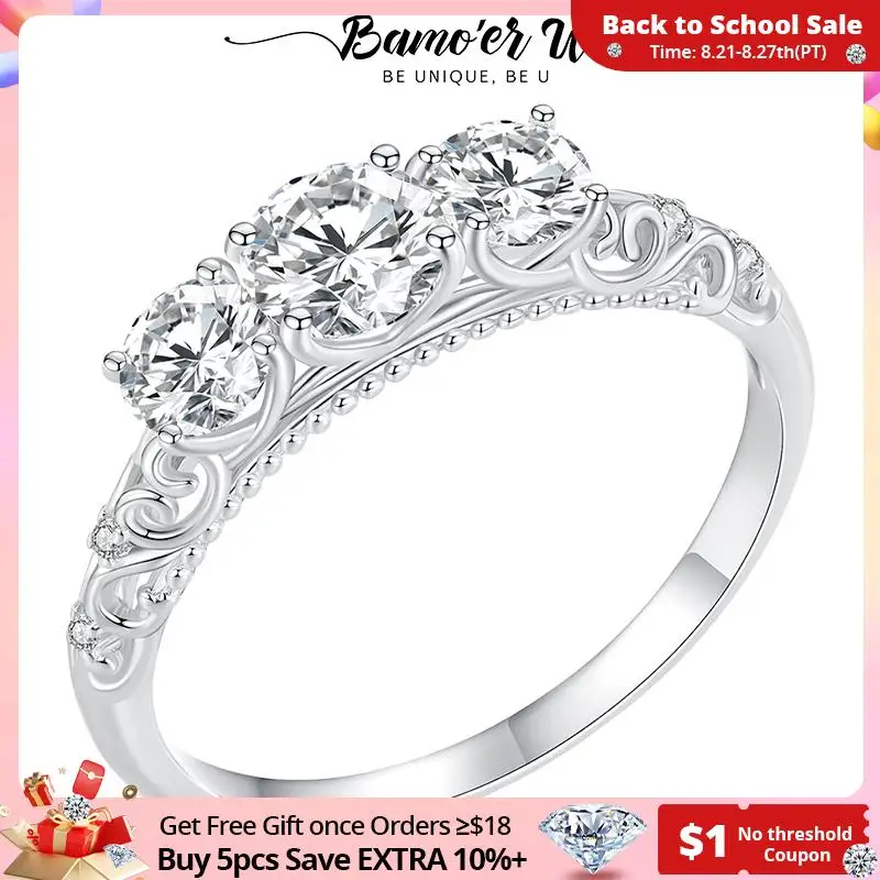 

Bamoer U Moissanite Lace Ring 925 Sterling Silver 3-stone Lotus Ring D Color VVS1 EX Sparkling Diamond for Women Engagement GRA