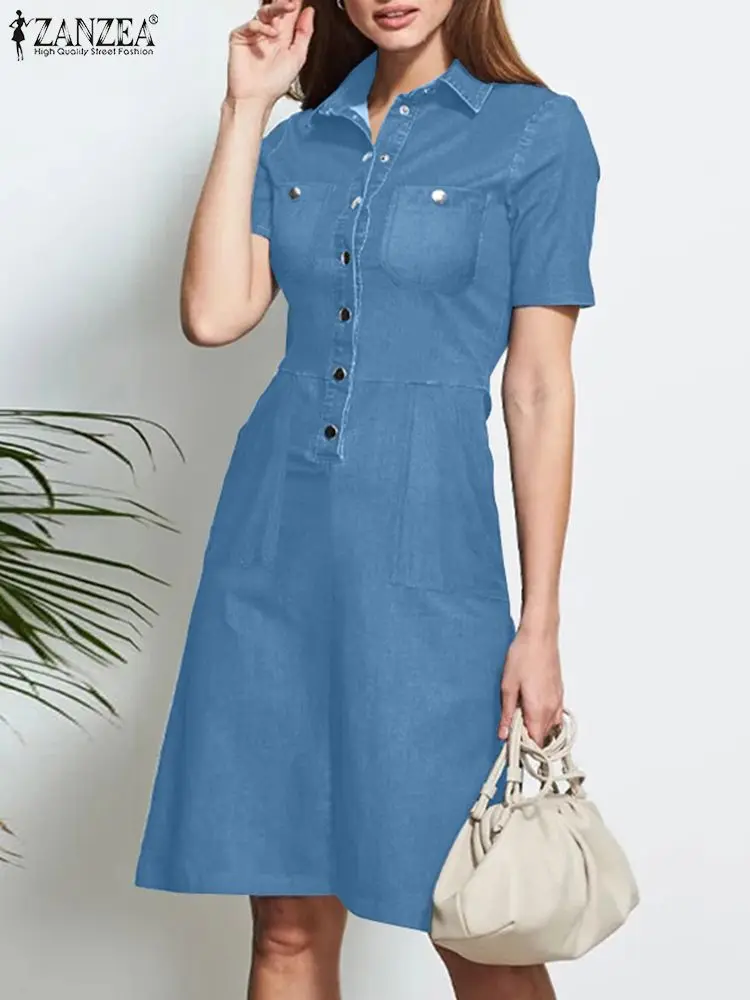 

Платье ZANZEA женское джинсовое с коротким рукавом, элегантная рубашка с отложным воротником, повседневный праздничный сарафан, на лето