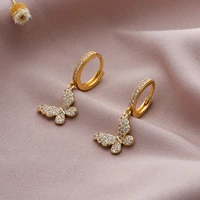 fashion gold color hoop earrings retro zircon butterfly earrings for women korean style drop pendant girl trend jewelry gift