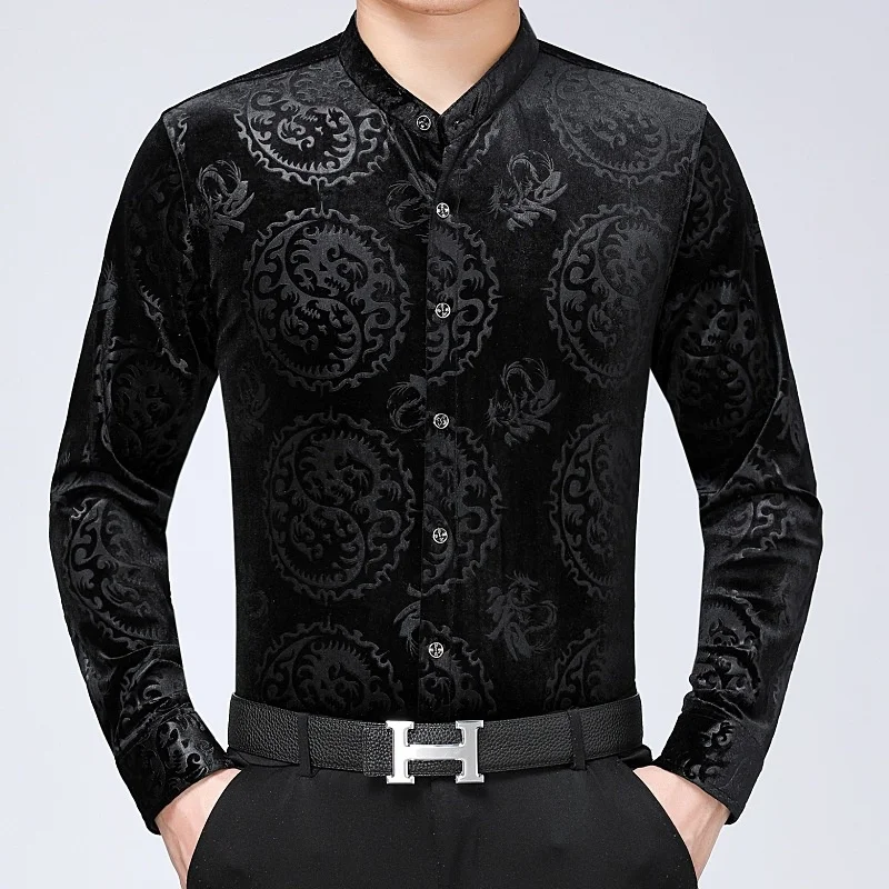 

Men Business Casual Silk Shirts Stand Collar Long Sleeve Velvet Dress Shirt Autumn Clothes Fashion Dragon Pattern Drop Shipping