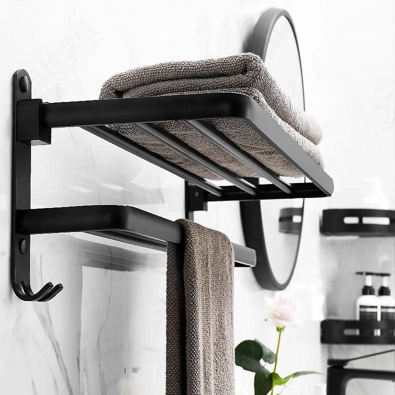 towel rack 40 60 cm folding holder with hook bathroom accessories wall mount rail shower hanger aluminum bar matte black shelf free global shipping