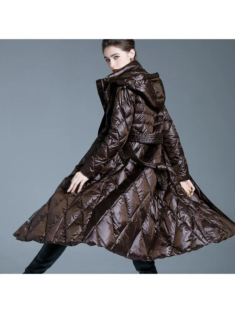 Europe 2022 Winter Long Hooded Plaid 90 White Duck Down Coats Women High-End Loose Lace Up Thicked Warmer Bread Cloth Jackets