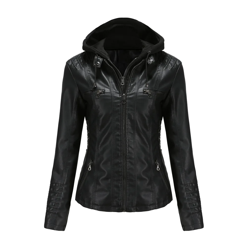 Hooded Leather Jacket Two-piece Detachable Plus Size Leather Jacket Women's Spring and Autumn Coat Women's PU Washed Leather enlarge