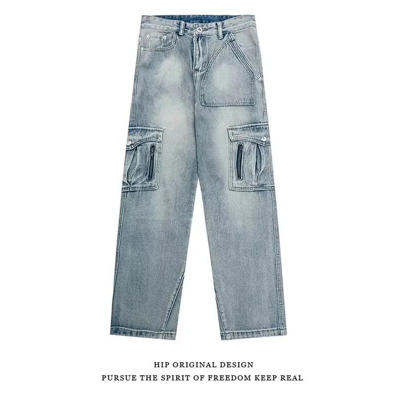 American Retro Jeans Mens Fashion High Street Multi-pocket Overalls Loose Straight Washing Old Trousers for Men