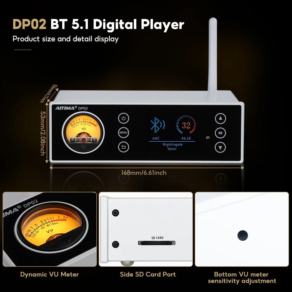 AIYIMA DP02 AKM4493 цифровой плеер декодер усилитель Bluetooth 5.1 предусилитель DSD512 OLED VU метр