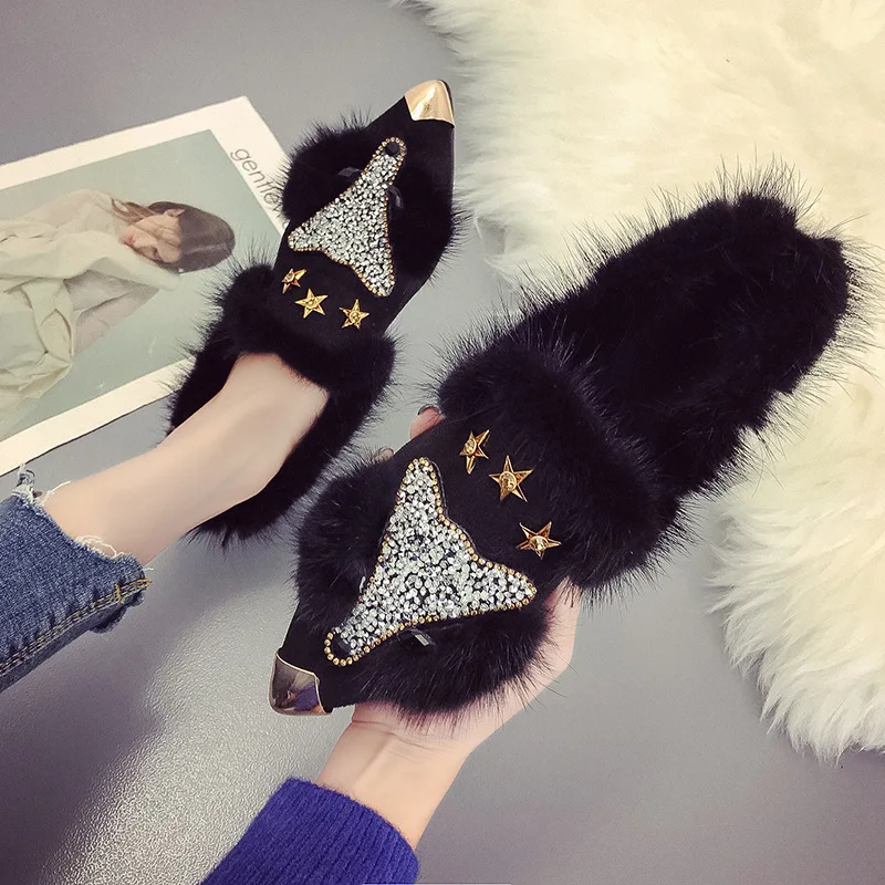 Diamond Fox Pattern Fur Shoes Flat Loafers Women Luxury Brand Pointed Toe Bling Woman Flats Slip On Casual Party Shoes