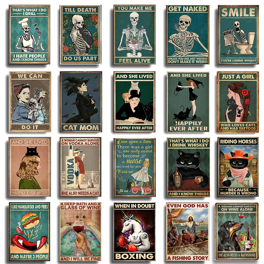 

Винтажный плакат с изображением черной кошки, собаки, черепа счастливой и счастливой улыбки, настенное искусство, пиво, нагоняйся, кавайный декор комнаты, холщовые плакаты, эстетика