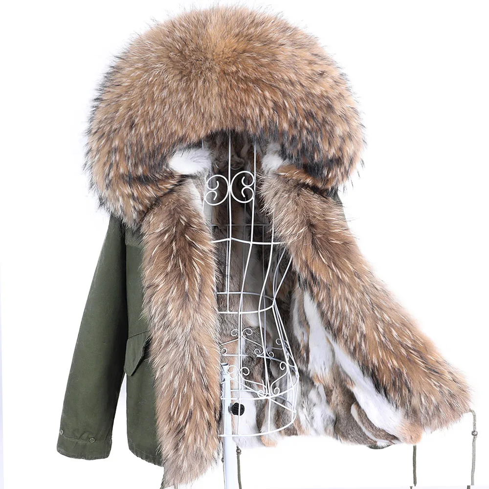 New Real Genuine Natural Rabbit Fur Coat With Hood Women's Fashion Fur Jacket Outwear Female clothing Rabbit Fur Lined Parka