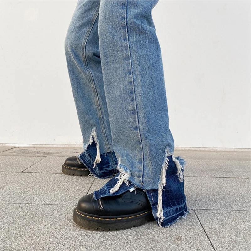 New Fashionable Men's High Street Jeans Side Splits Raw Edge Men's Mopping Flare Pants Trendy Hip Hop Street Men Y2k Jeans Baggy