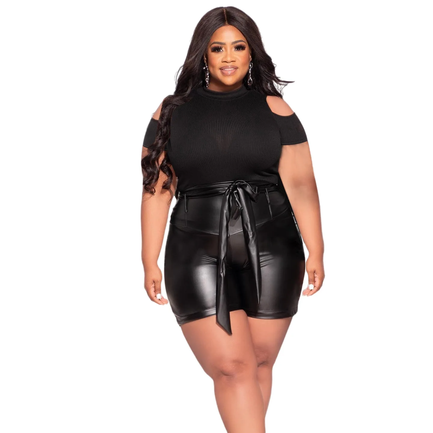Plus Size Sets Fashion Women's Solid Color Off Shoulder Top Sexy Hip Bag Leather Pants Suit Women Clothing 2 Pieces Set Slim