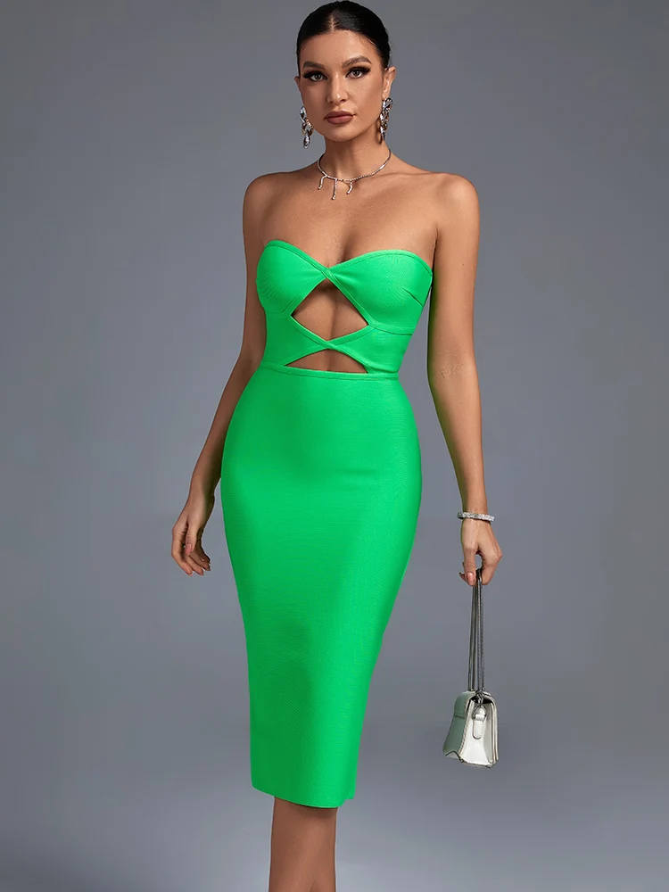 

Cut Out Midi Bandage Dress Women Green Bodycon Dress Evening Party Elegant Sexy Midi Birthday Club Outfit 2022 Summer New