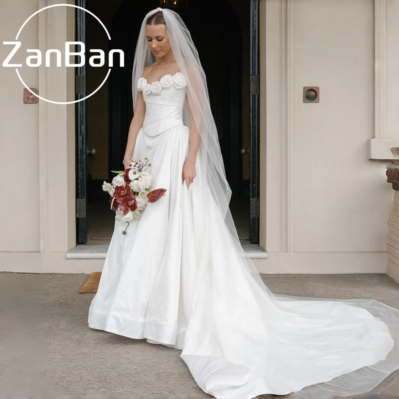 Фото Свадебное платье ZanBan 2026 на заказ, атласное, А-силуэт, без рукавов, с 3D цветами, для принцесс №1