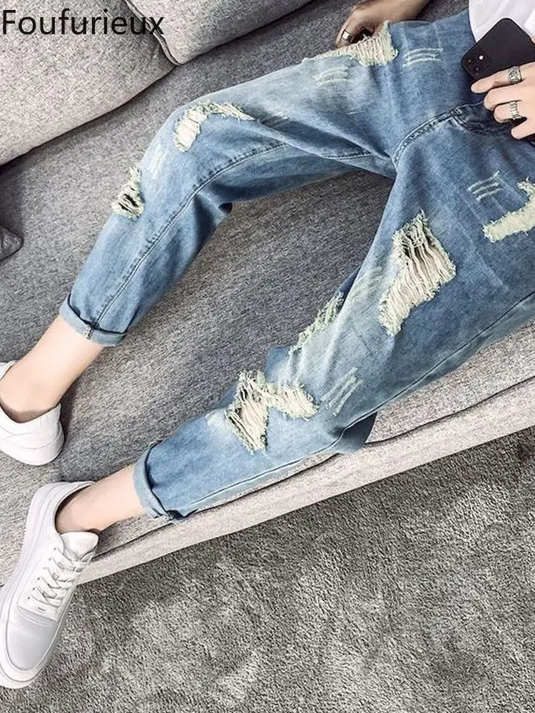 

Foufurieux Men Summer Jeans Holes Hip Hop Trousers Denim Scratched Loose Boys Cool Blue Pants Skinny Jeans Men Streetwear Men