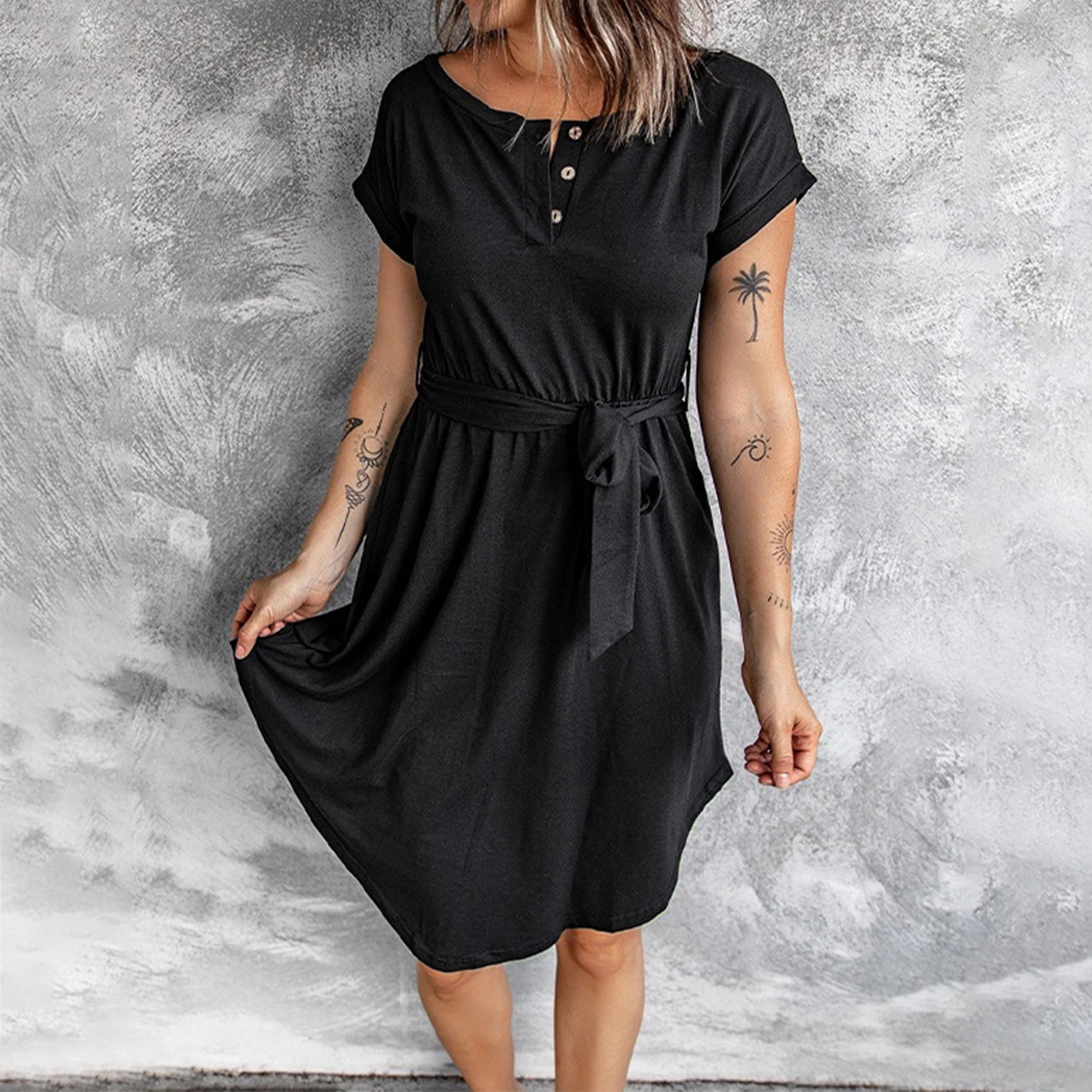 

Винтажное однотонное Асимметричное мини-платье, женское Повседневное платье с коротким рукавом и круглым вырезом, женское модное свободное офисное платье, лето 2023