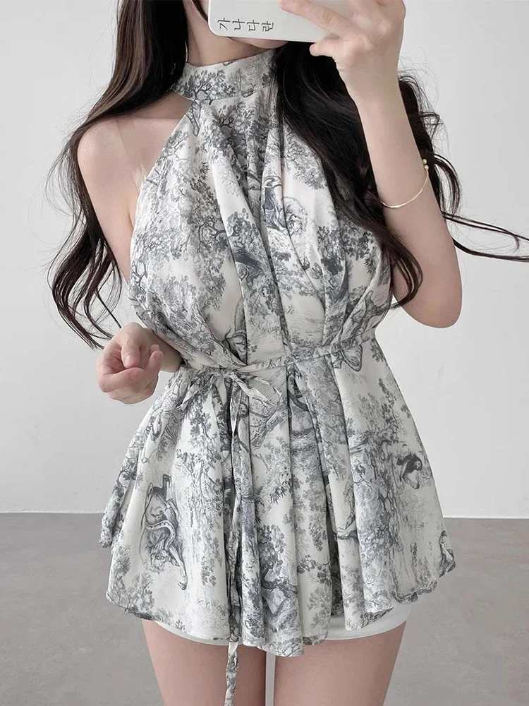 Женская Винтажная летняя рубашка с принтом чернил и открытыми плечами