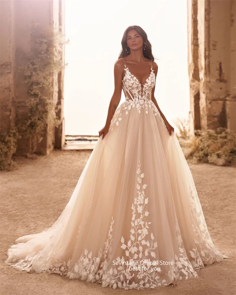 Sevintage Boho V-Neck Wedding Dresses Spaghetti Straps Appliques Corset Tulle Bridal Gowns Lace Floor Lenghth vestidos Customize