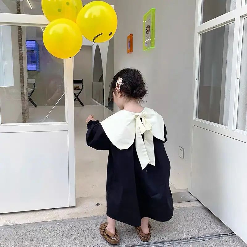 

Girl Cotton Dress Bow Dresses for Young Children New Long Sleeved Toddler Baby Sigle Breasted Kids Clothes Girls Casual