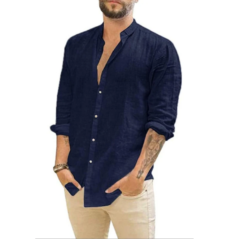 2022 new European and American men's loose linen cardigan solid color casual stand-up collar long-sleeved shirt comfortable