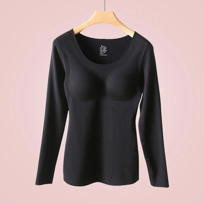 Dralon Thermal Underwear Women's Fleece Thickened Backing Shirt Solid Color Without Traces With Chest Cushion Winter