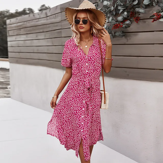 

2022 Elegant Summer Floral Print Even Dress Women V neck Sexy Slit Casual Vintage Shirt Robe Button Fashion Maxi Chiffon Dresses