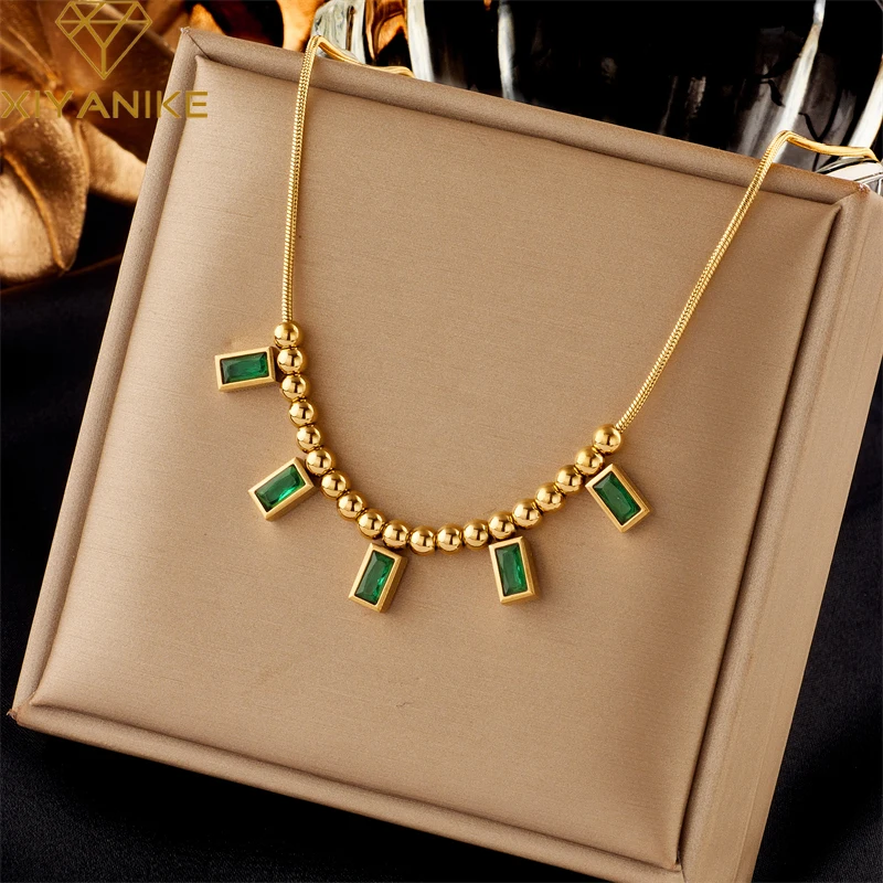 

XIYANIKE 316L Stainless Steel Necklace Bead Rectangle Green Zircon Pendant Accessories for Women Christmas Jewelry Gifts Collier