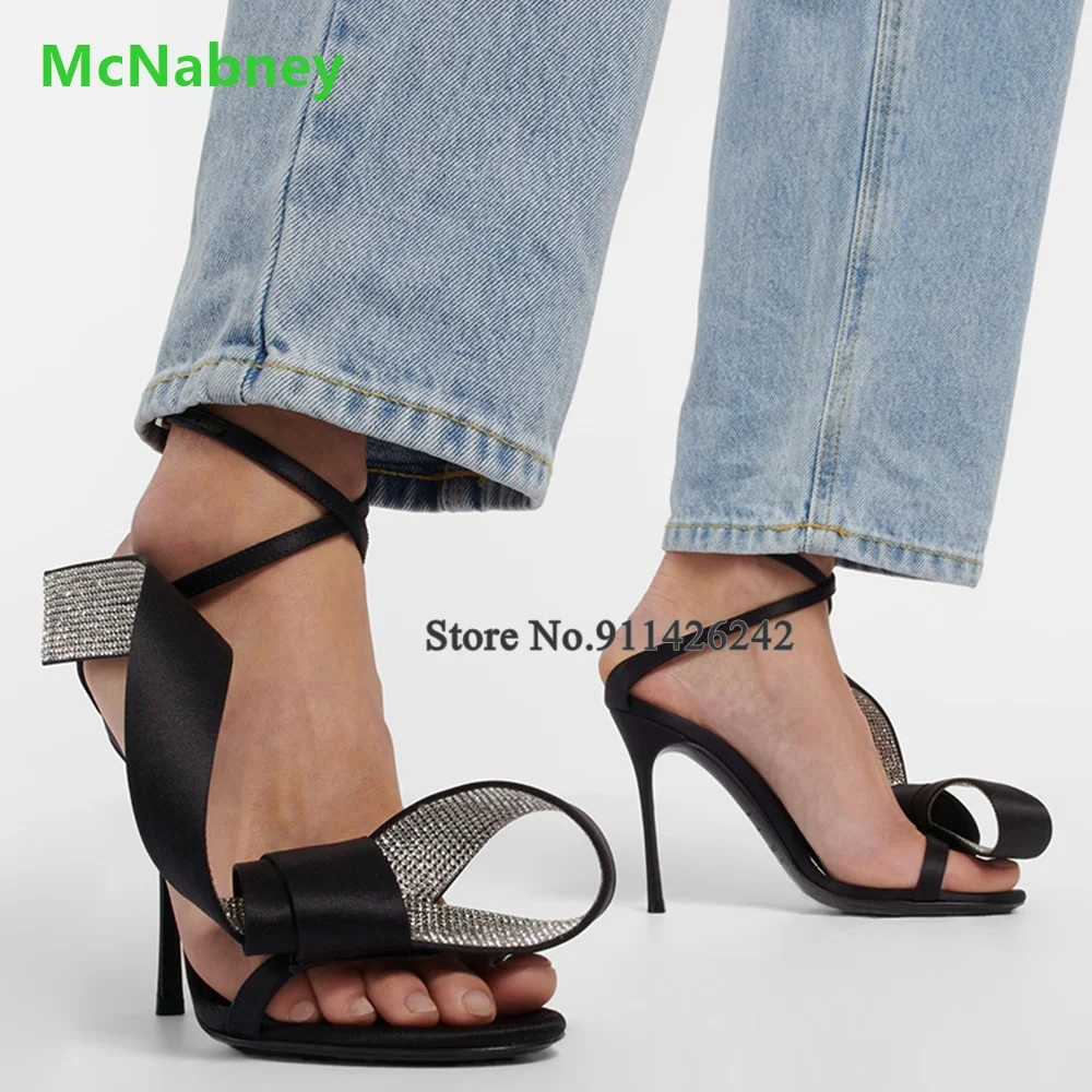 Crystal Flower Ankle Front And Rear Straps Sandals For Female Women Peep Toe Silks And Satins Fabric Sexy Elegant Fshion Shoes