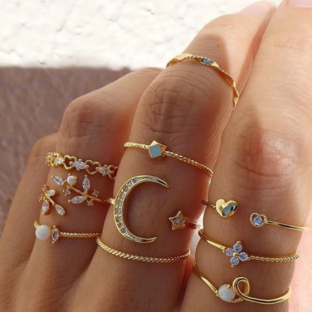 

Fashion Star Moon Ring with Diamond, Love Pearl Leaf, 10 Piece Ring Set