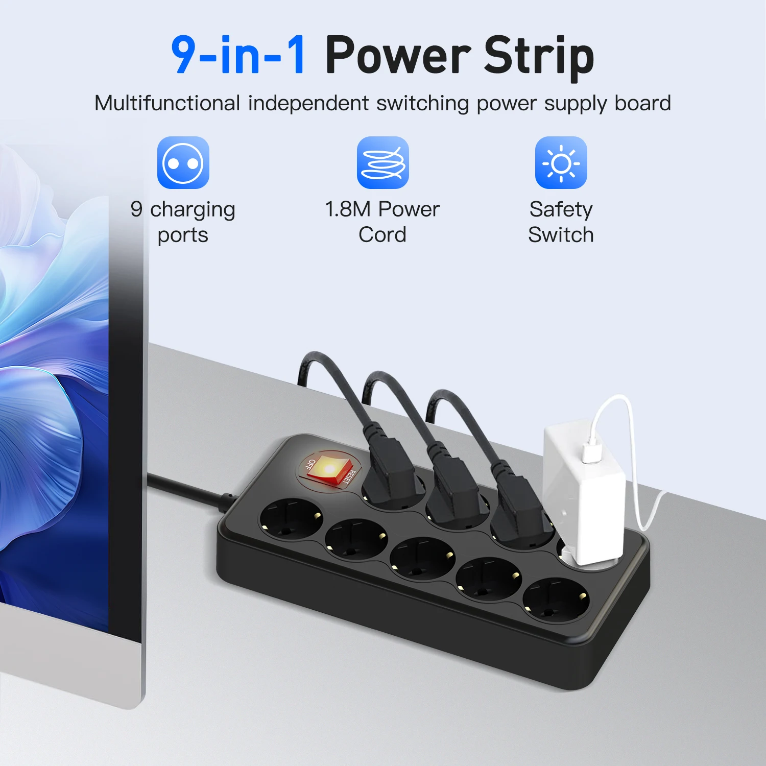 9 розеток переменного тока европейская удлинитель с защитой от перегрузки кабеля