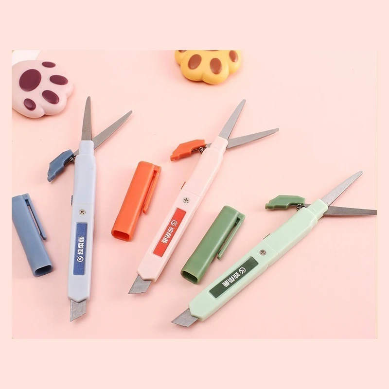 

Handbook Art Knife Scissors Dual Purpose Portable 2-In-1 Paper Cutter Macaroon Color Mini Craft Knife Unpacking Courier Knife