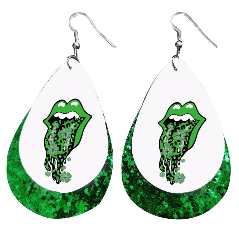 

Wholesale Fashion Two Layers Lips St Patrick s Day Earrings Faux Leather Teardrop Earrings