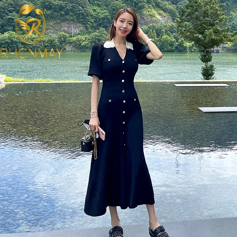 

Женское однобортное платье-русалка, Черное длинное платье с коротким рукавом и V-образным вырезом, модель 2022 в Корейском стиле