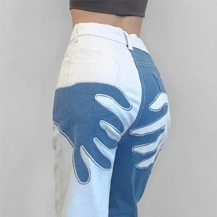 Cool Patchwork Jeans Funny Baggy Women Hip Hop Jeans High Waist Straight Jeans Unisex Oversized Loose Gothic Washed Women Jeans