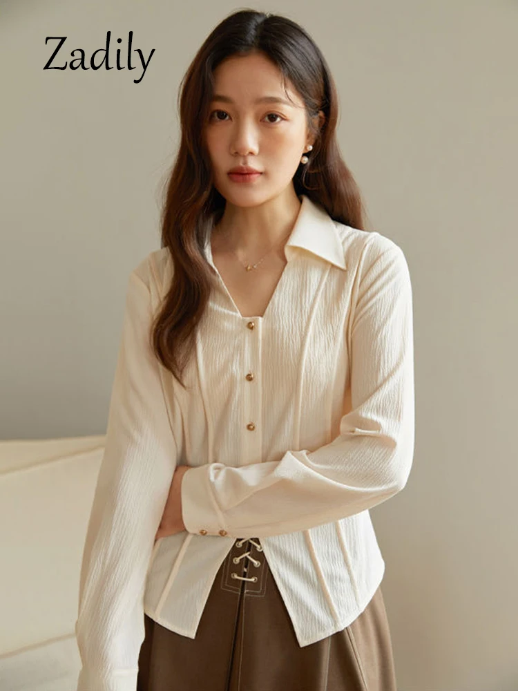 

Zadily 2023 Autumn Office Lady Long Sleeve Women Slim Shirt Korea Style Button Up Solid Striped Work Blouse Female Clothing Top