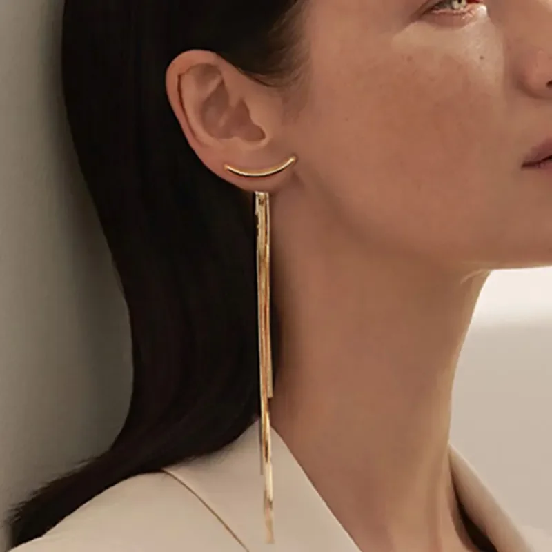 

Vintage Glossy Arc Bar Long Tassel Drop Earrings for Women Gold Geometric Fashion Jewelry Luxury Hanging Pendientes