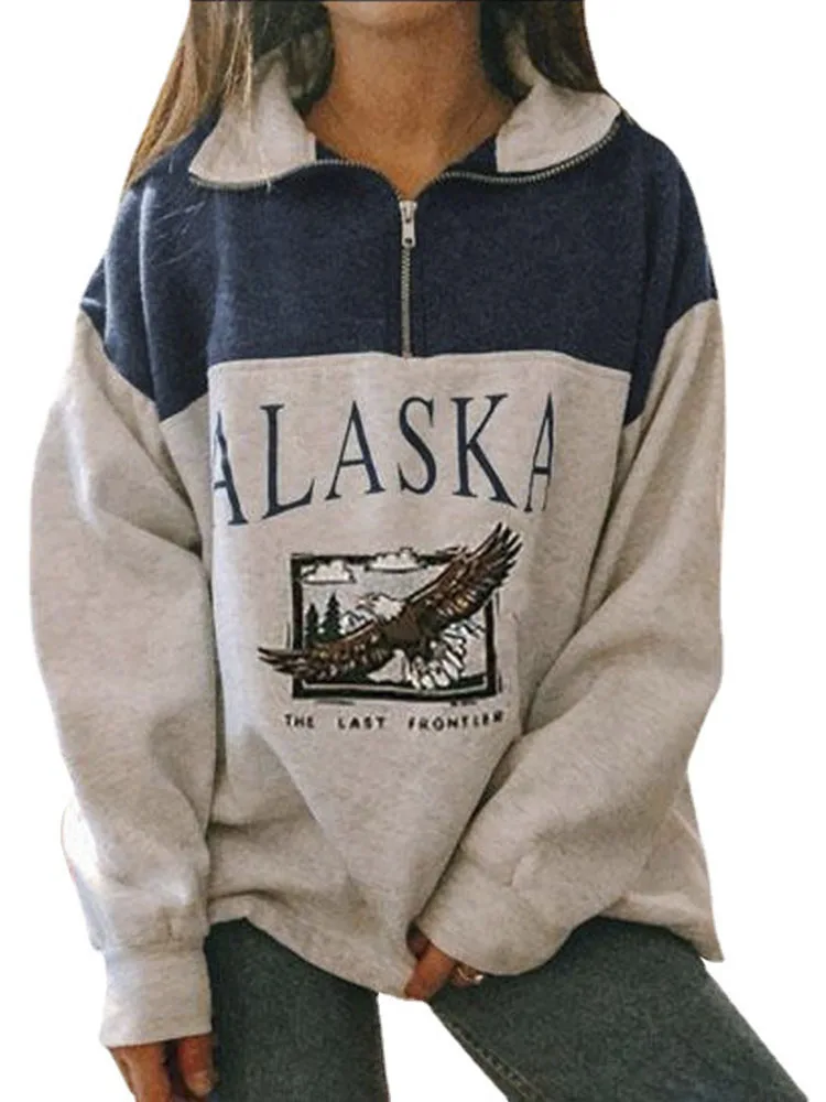 

2022 New Oversized Letter Alaska Sweatshirt Women Fashion Vintage POLO Collar Casual Pullovers Winter Warm Cotton Spring Autumn