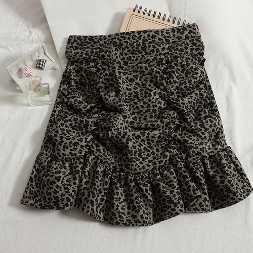 2022 Pleated Ruffled Temperament Skirt Women Fashion Leopard Print Faldas Largas Mujer 2022 Autumn High-waist Woman Skirts