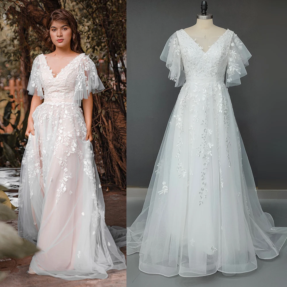 Lace Embriodered V Neck Wedding Dress Custom Made Drop Ship Short Flutter Sleeves Tulle Backless A Line Appliqued Bridal Gowns