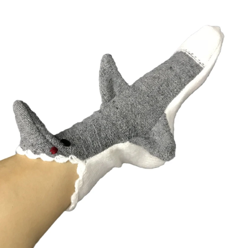 

Unisex Christmas Crochet Knit Cartoon Calf Socks Novelty Funny 3D Wide Mouth Gray Shark Bite Animal Warm Floor Slipper 37JB