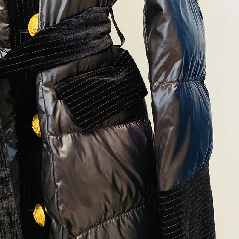 winter white duck down jacket women coat long glossy velvet tie belt parkas gold lion buttons elegant female fashion lady design