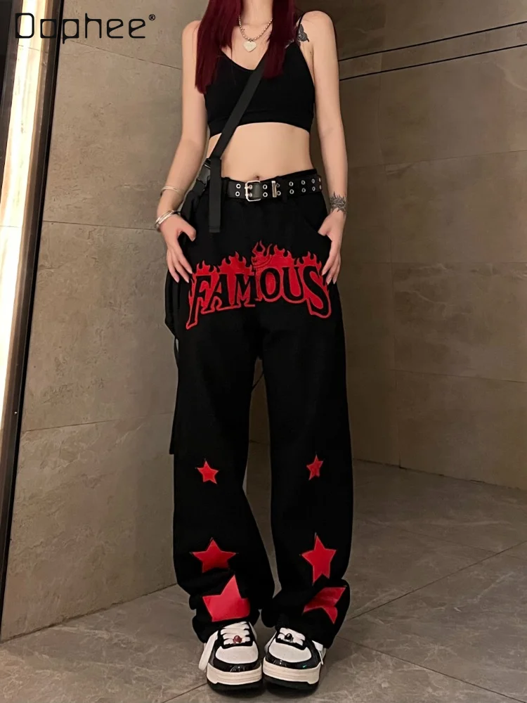 

Hip Hop Street Style Retro Washed Five-Pointed Star Letter Printed Jeans Straight-Leg Trousers Women 2023 Spring Summer New