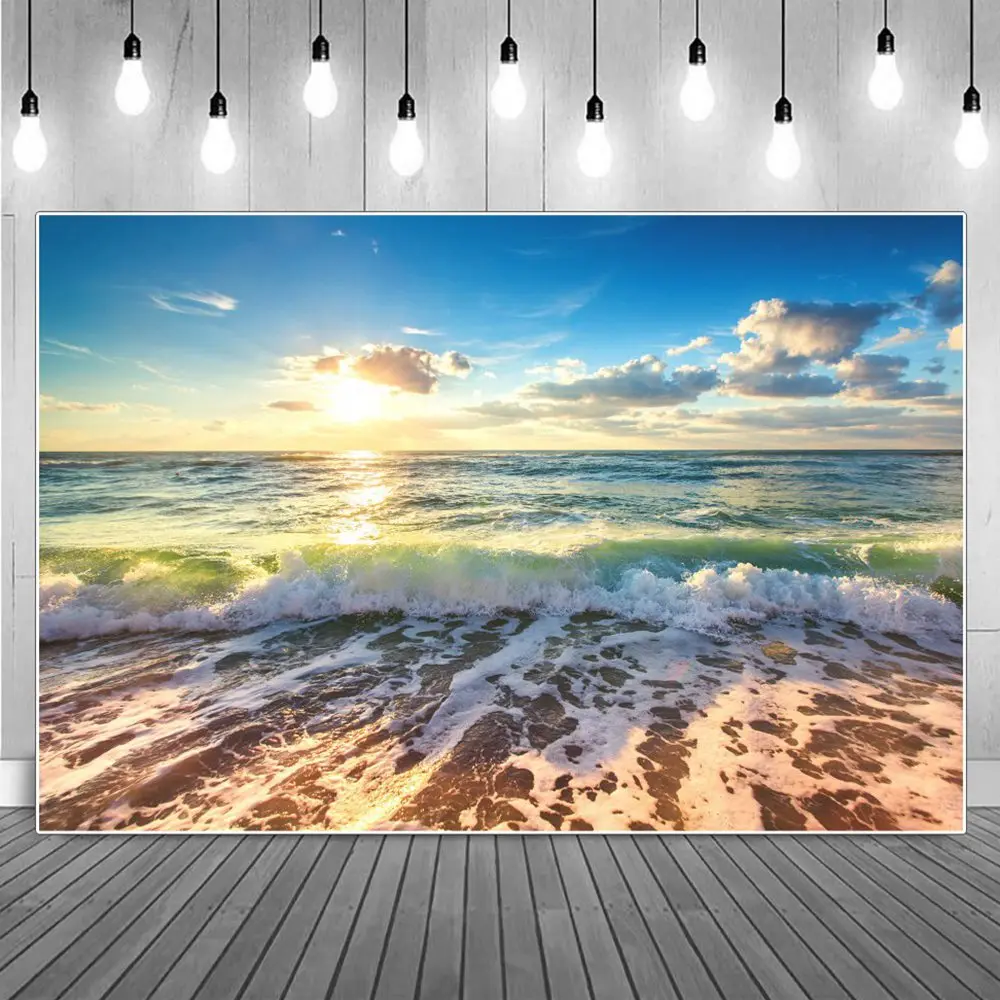

Sunrising Beach Big White Waves Summer Holiday Photography Backdrops Seaside Ocean Flood Tides White Cloud Photocall Backgrounds